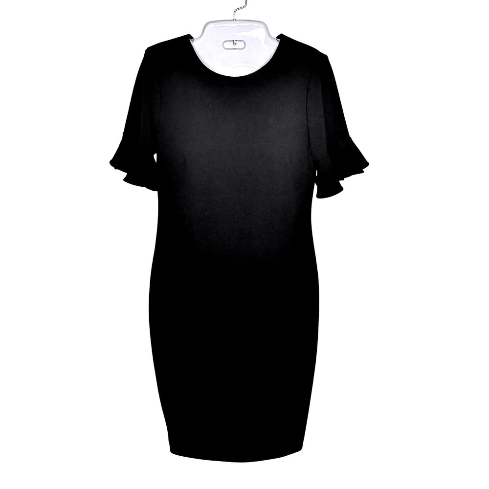 Calvin Klein Women's Black Sheath Dress Flutter Sleeve Gold  Exposed Zipper Sz 4